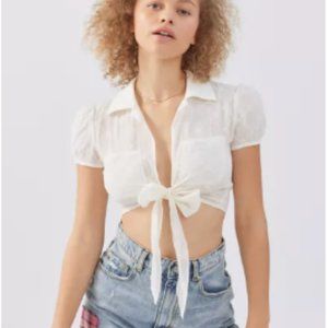 NWT Urban Outfitters White Tie-Front Eyelet Blouse Large